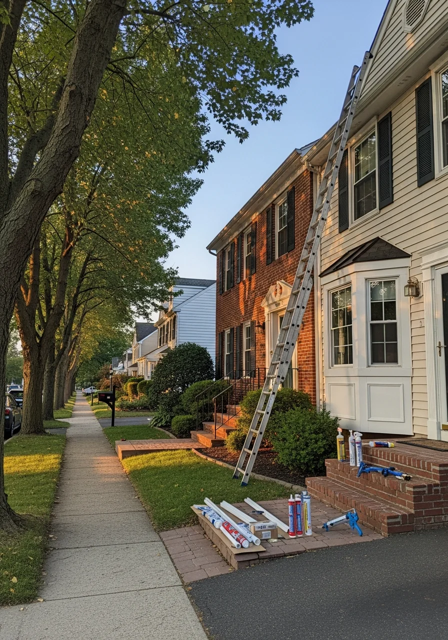 Professional service team member in uniform standing in front of typical Passaic County residential home.