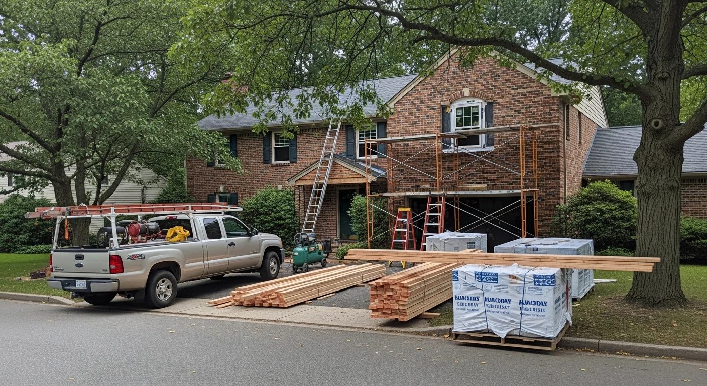 Experienced technician working on residential property in Passaic County neighborhood with mature trees and brick homes visible.