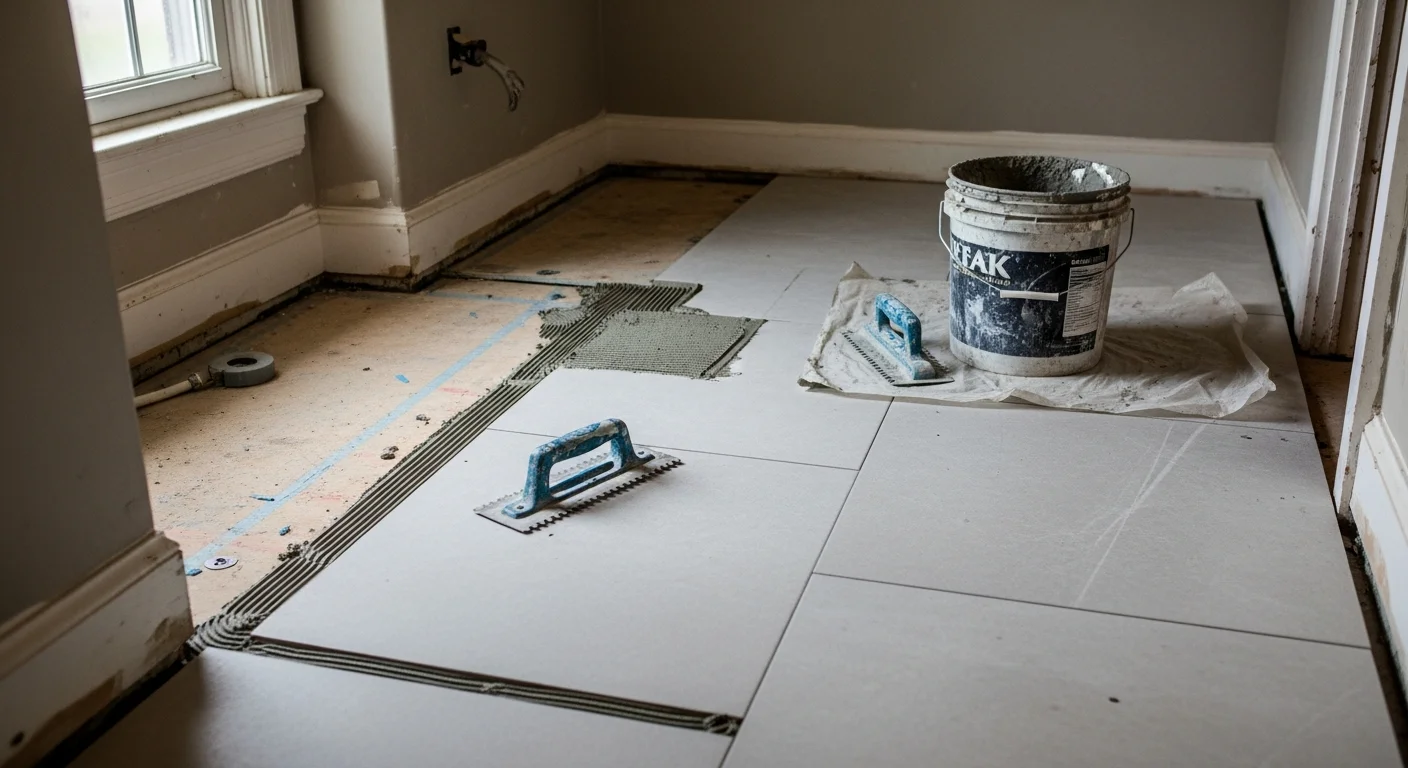 Freshly installed water-resistant bathroom floor in a Passaic County, NJ home, showing clean tile edges, tight grout lines, and a dry, level surface. The bathroom features updated flooring that replaces worn original material common in older county homes.