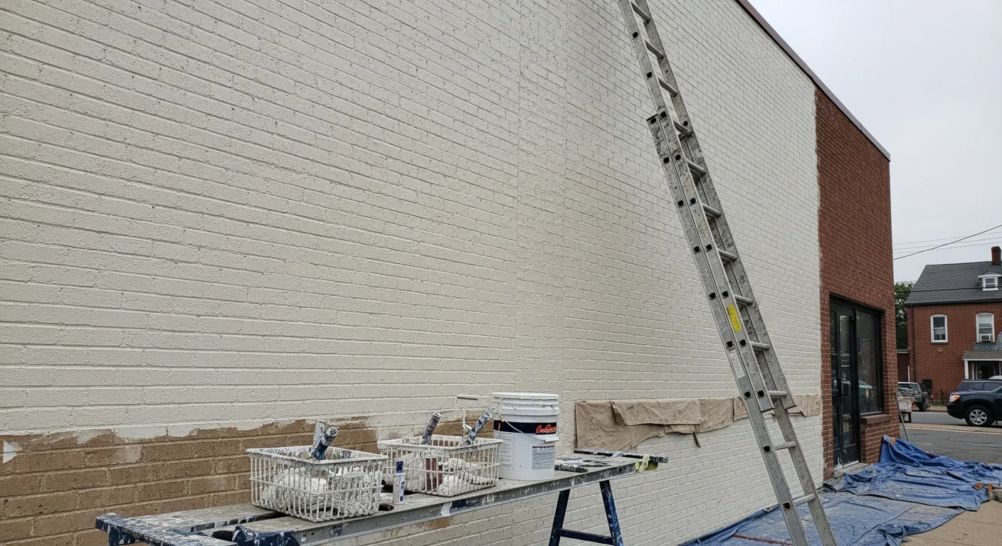 A freshly painted commercial building exterior in Passaic County, NJ, showing clean, even coatings on brick and masonry surfaces. A ground-level storefront with crisp trim and a uniform wall finish visible from the sidewalk.