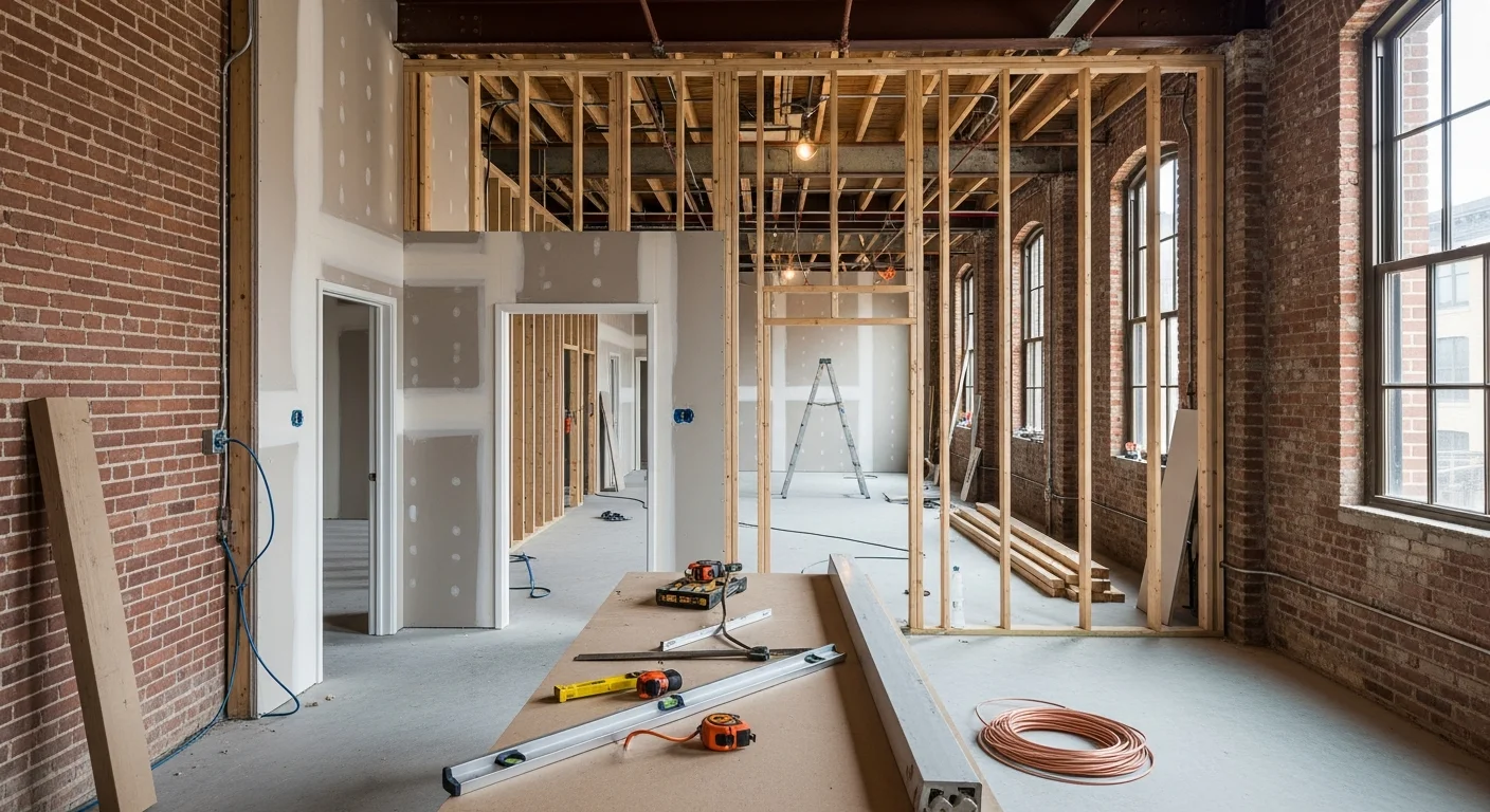 Renovated commercial interior in Passaic County, NJ showing updated flooring, fresh wall finishes, and reconfigured open office layout. General contractor work completed by L&D the home upgrade specialists for a local business space.