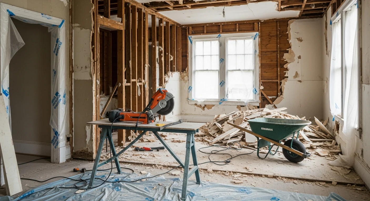Interior of a Passaic County, NJ home mid-demolition, with walls stripped to the studs and flooring removed in preparation for a full renovation. Debris is staged for removal and surrounding areas are protected with dust barriers.
