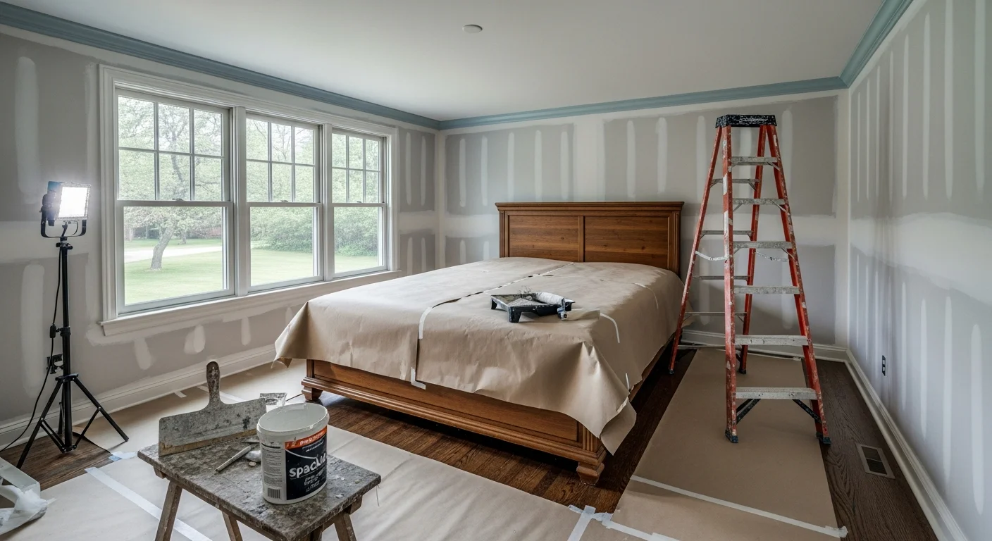 Interior room in a Passaic County, NJ home with freshly painted walls, clean trim lines, and protected hardwood floors. A professional painter from L&D the home upgrade specialists applies a second coat to a smooth, primed wall surface.