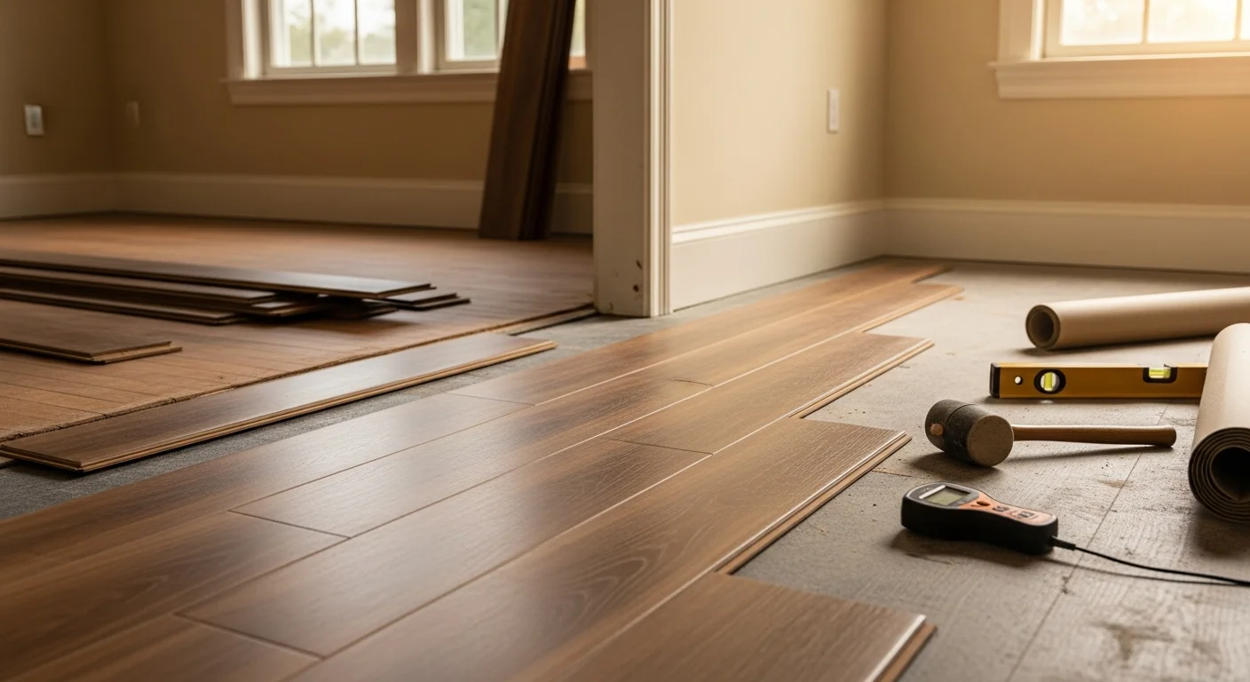 Freshly installed laminate flooring with a wood-look finish covering the main living area of a Passaic County, NJ home. Clean plank rows run wall to wall with tight seams at the doorway transition.